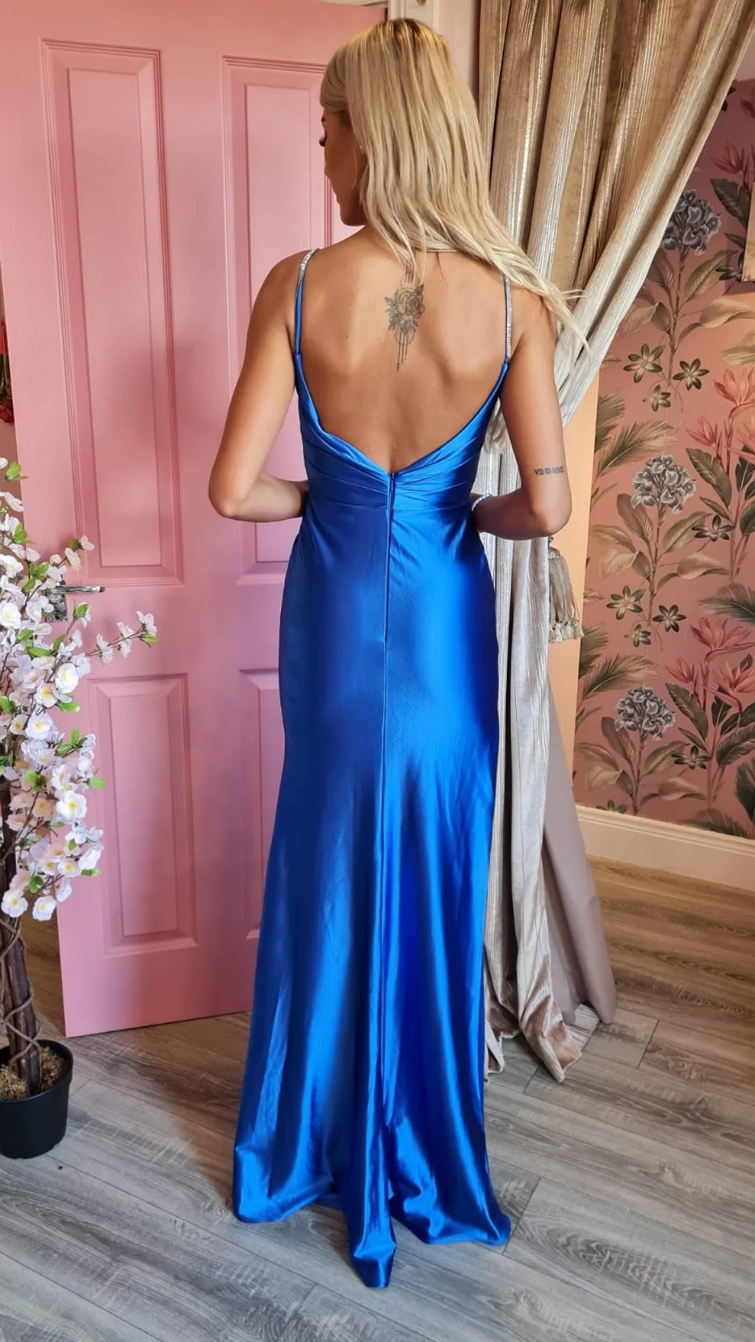 Acacia Royal Blue Side Leg Split Shiny Satin Diamond Strap Formal Prom Dress
