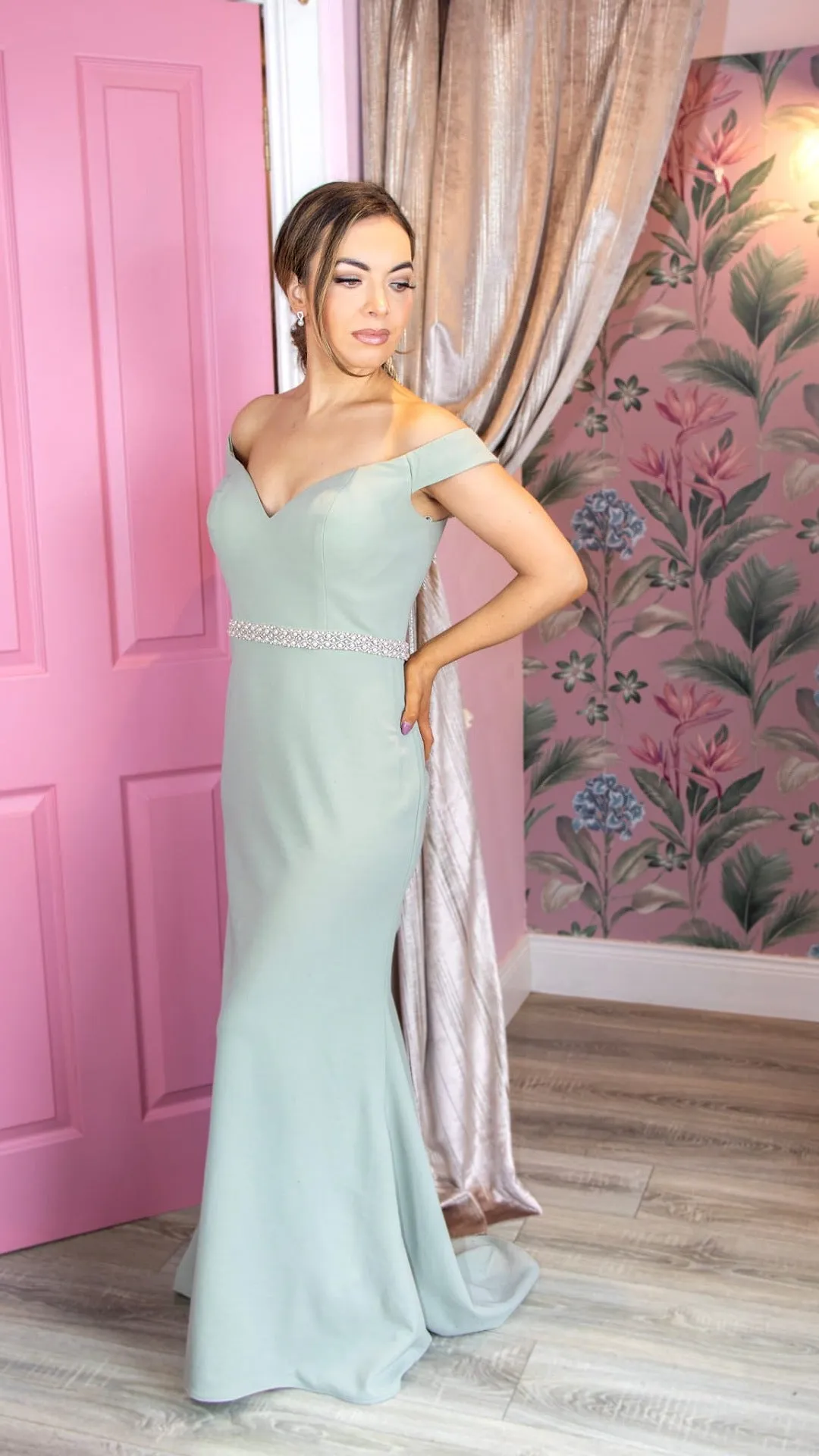 Alanna Sage Green Off The Shoulder Strapless Bridesmaids Dress
