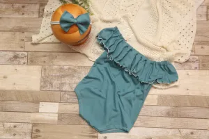 Anisa- Newborn or Sitter Flutter Romper; Newborn Romper; Sitter Romper; Deep Solid Teal; MADE TO ORDER