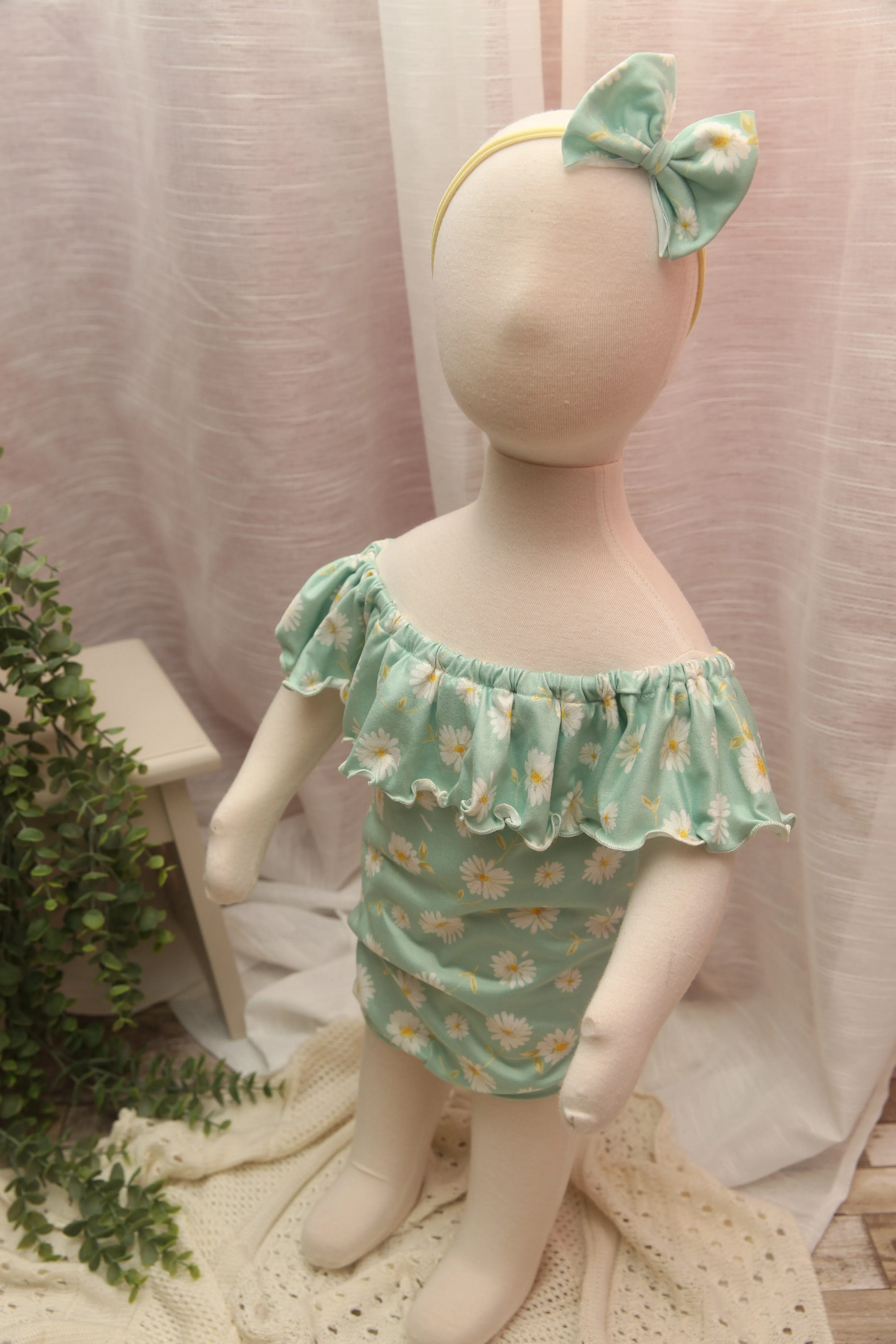 Anisa- Newborn or Sitter Flutter Romper; Newborn Romper; Sitter Romper; Seafoam Sunflower; MADE TO ORDER