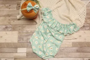 Anisa- Newborn or Sitter Flutter Romper; Newborn Romper; Sitter Romper; Seafoam Sunflower; MADE TO ORDER
