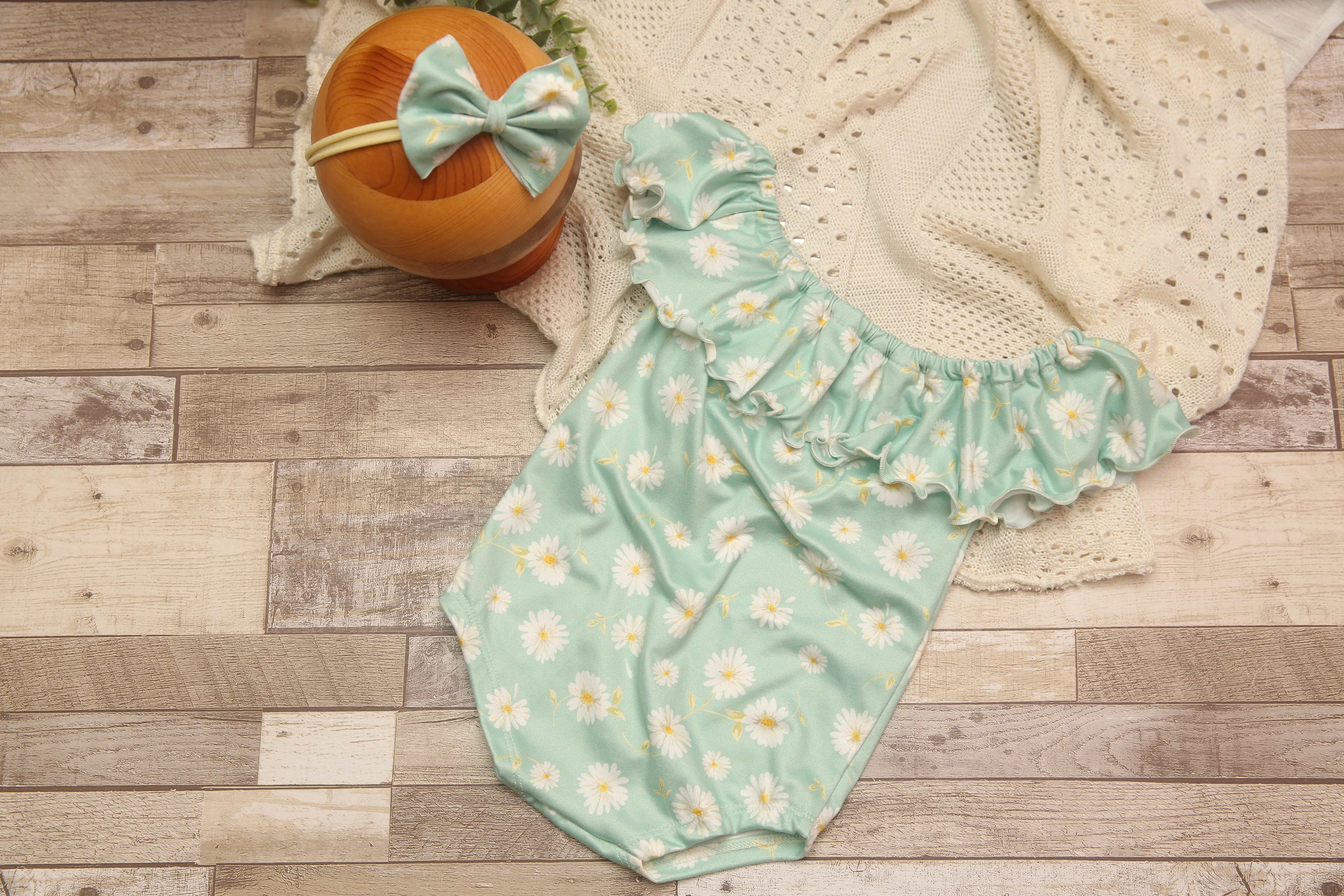 Anisa- Newborn or Sitter Flutter Romper; Newborn Romper; Sitter Romper; Seafoam Sunflower; MADE TO ORDER