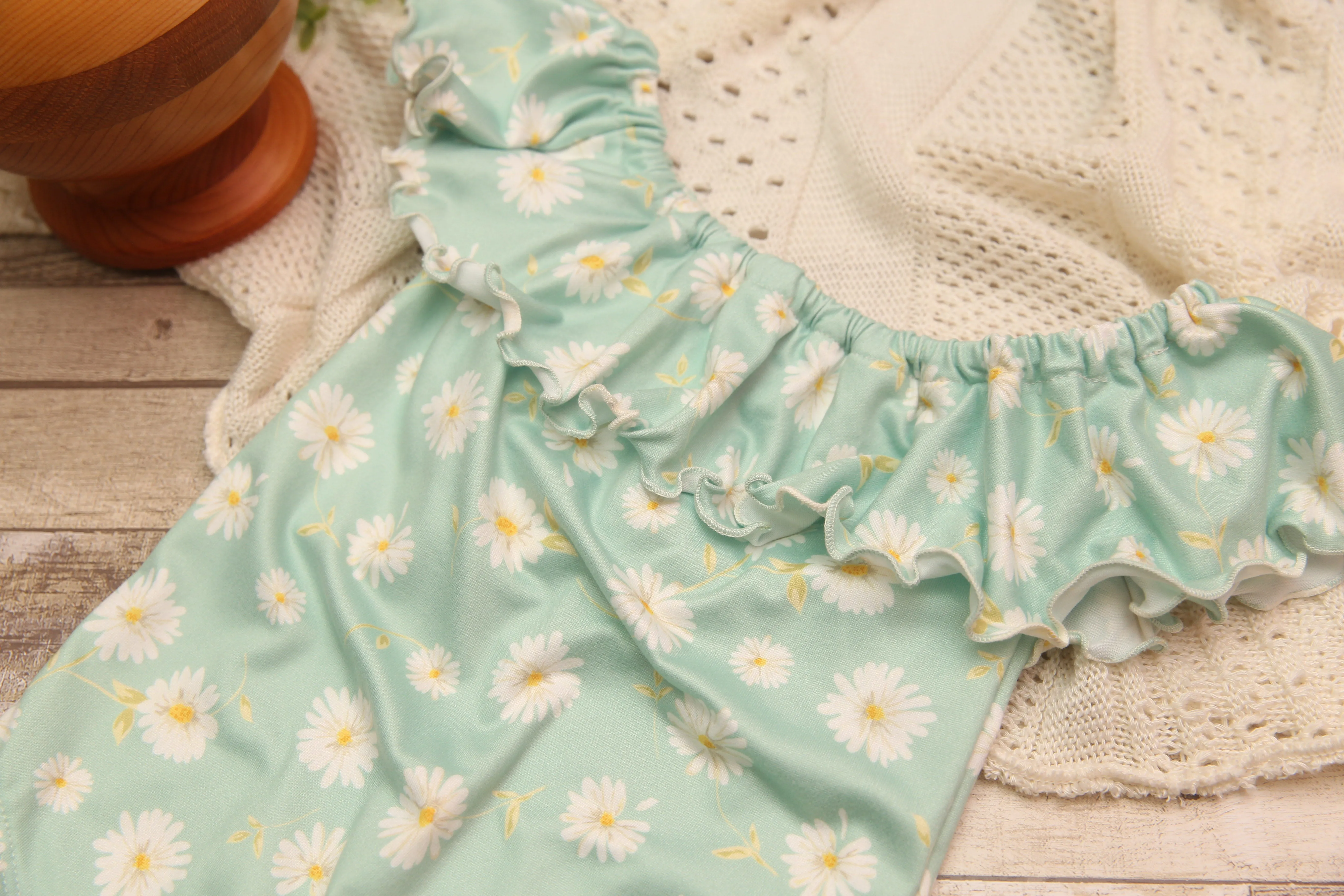 Anisa- Newborn or Sitter Flutter Romper; Newborn Romper; Sitter Romper; Seafoam Sunflower; MADE TO ORDER