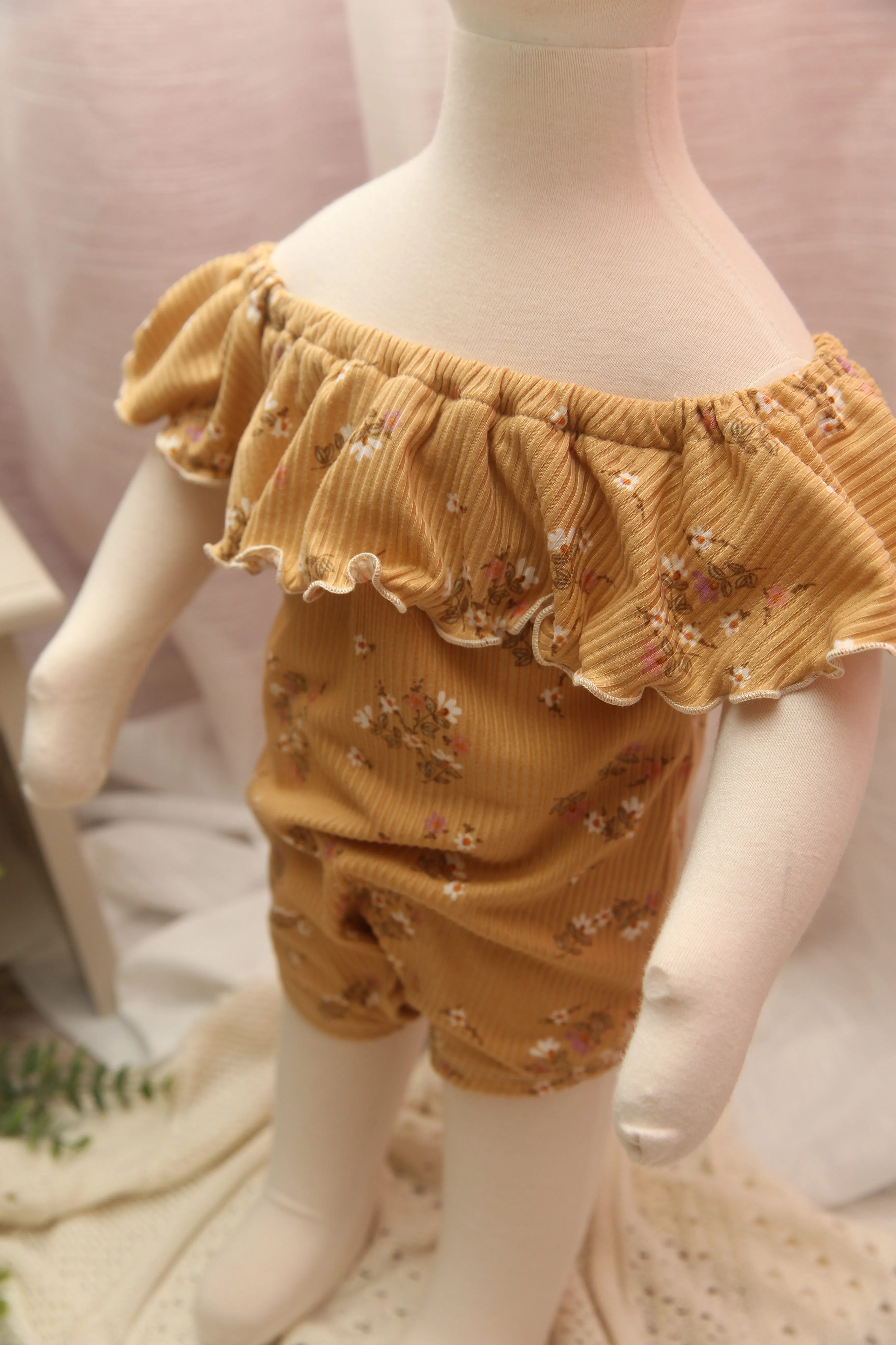 Anisa- Newborn or Sitter Flutter Romper; Newborn Romper; Sitter Romper; Soft Floral Mustard; MADE TO ORDER