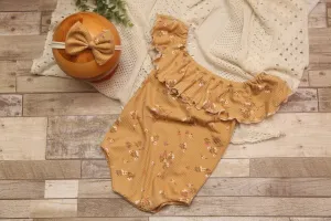Anisa- Newborn or Sitter Flutter Romper; Newborn Romper; Sitter Romper; Soft Floral Mustard; MADE TO ORDER