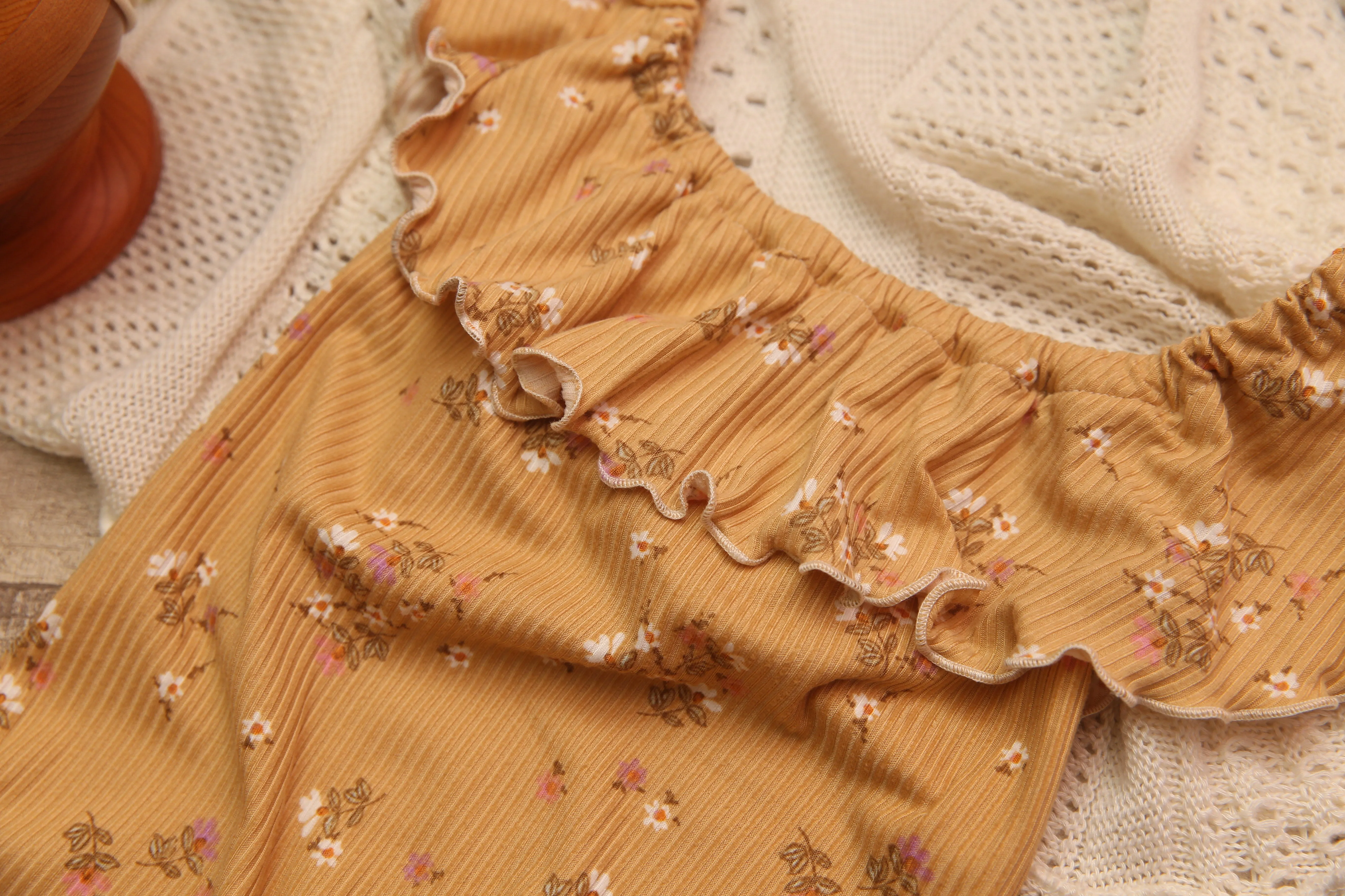 Anisa- Newborn or Sitter Flutter Romper; Newborn Romper; Sitter Romper; Soft Floral Mustard; MADE TO ORDER