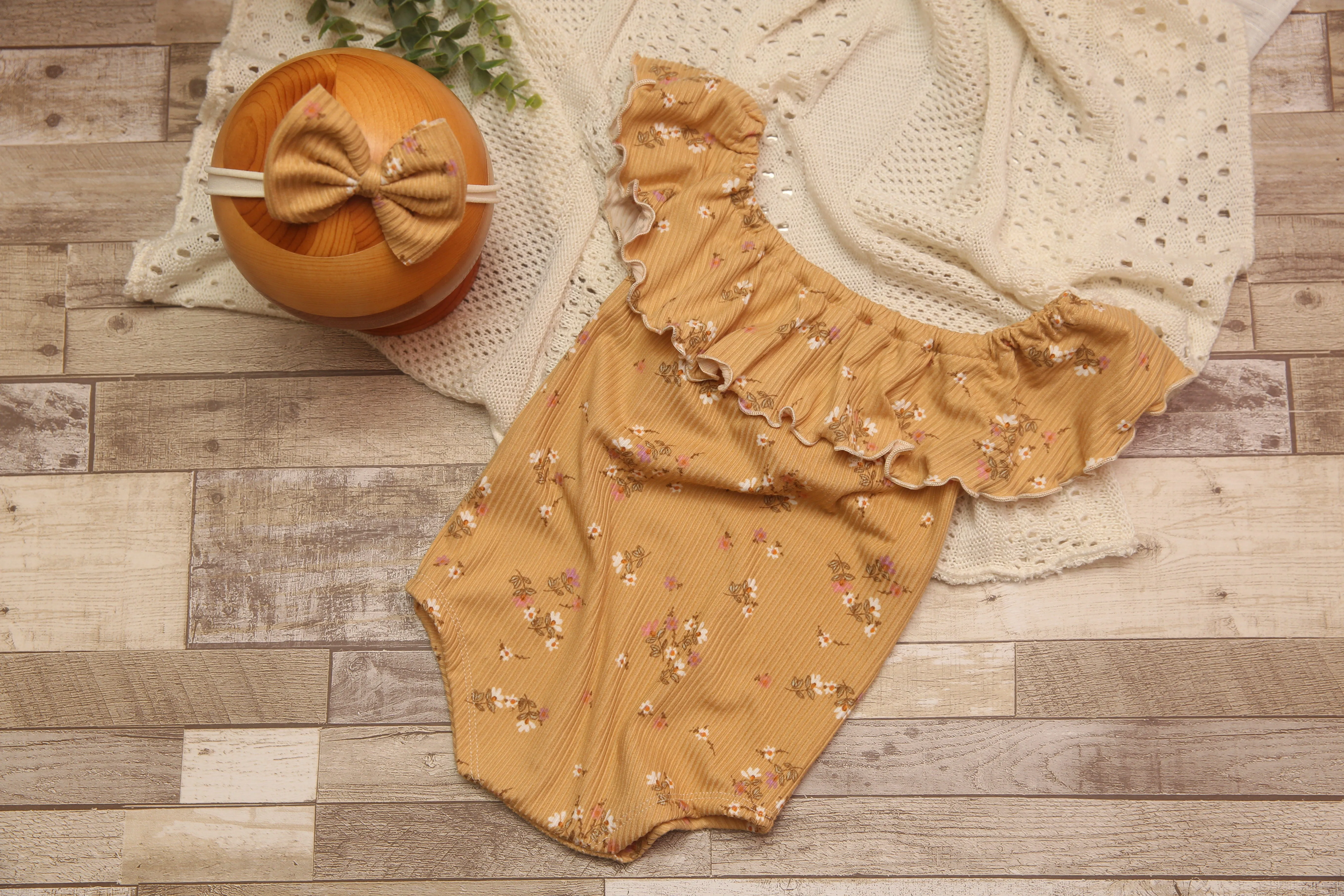Anisa- Newborn or Sitter Flutter Romper; Newborn Romper; Sitter Romper; Soft Floral Mustard; MADE TO ORDER