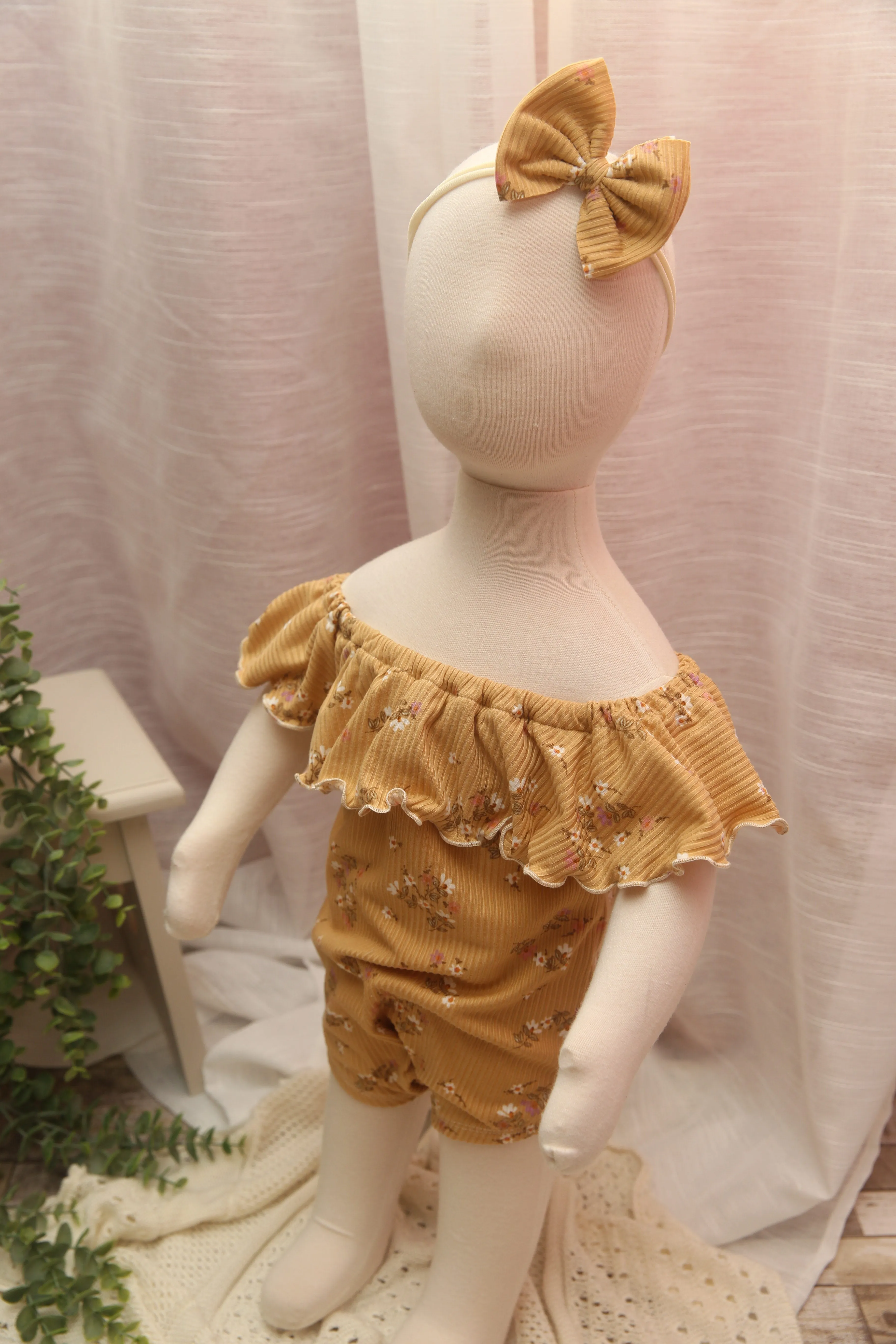 Anisa- Newborn or Sitter Flutter Romper; Newborn Romper; Sitter Romper; Soft Floral Mustard; MADE TO ORDER