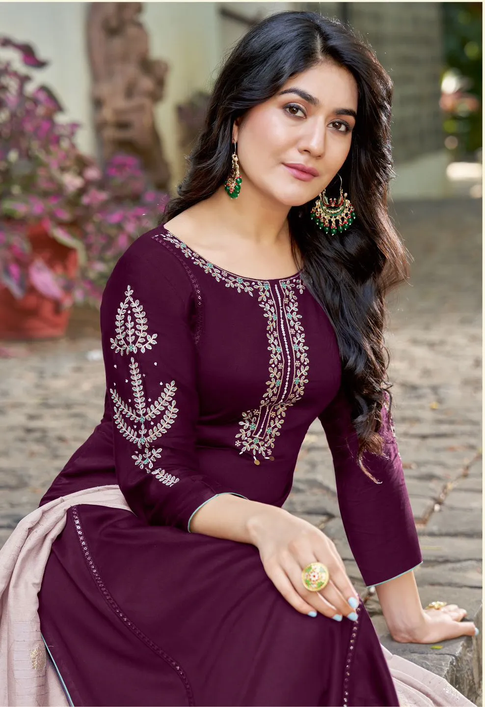 Attractive Violet Color Heavy Rayon With Handwork Embroidery Palazzo Suits With Dupatta For Women