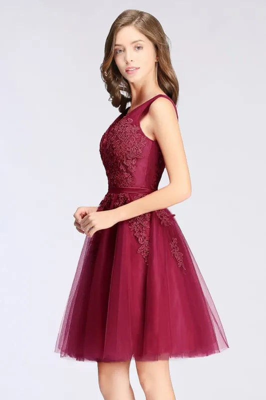 Burgundy Short Formal Gown Lace Applique V Neck Homecoming Dresses