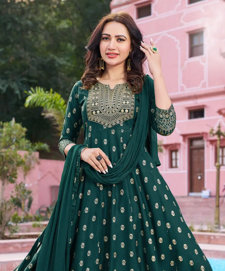 Charming Green Colored Rayon Foil Printed Zari And Embroidery Sequins Work Salwar Suits