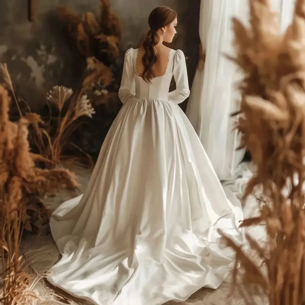 Classic Ball Gown Wedding Dress with Square Neckline and Lace Accents | WJ2403