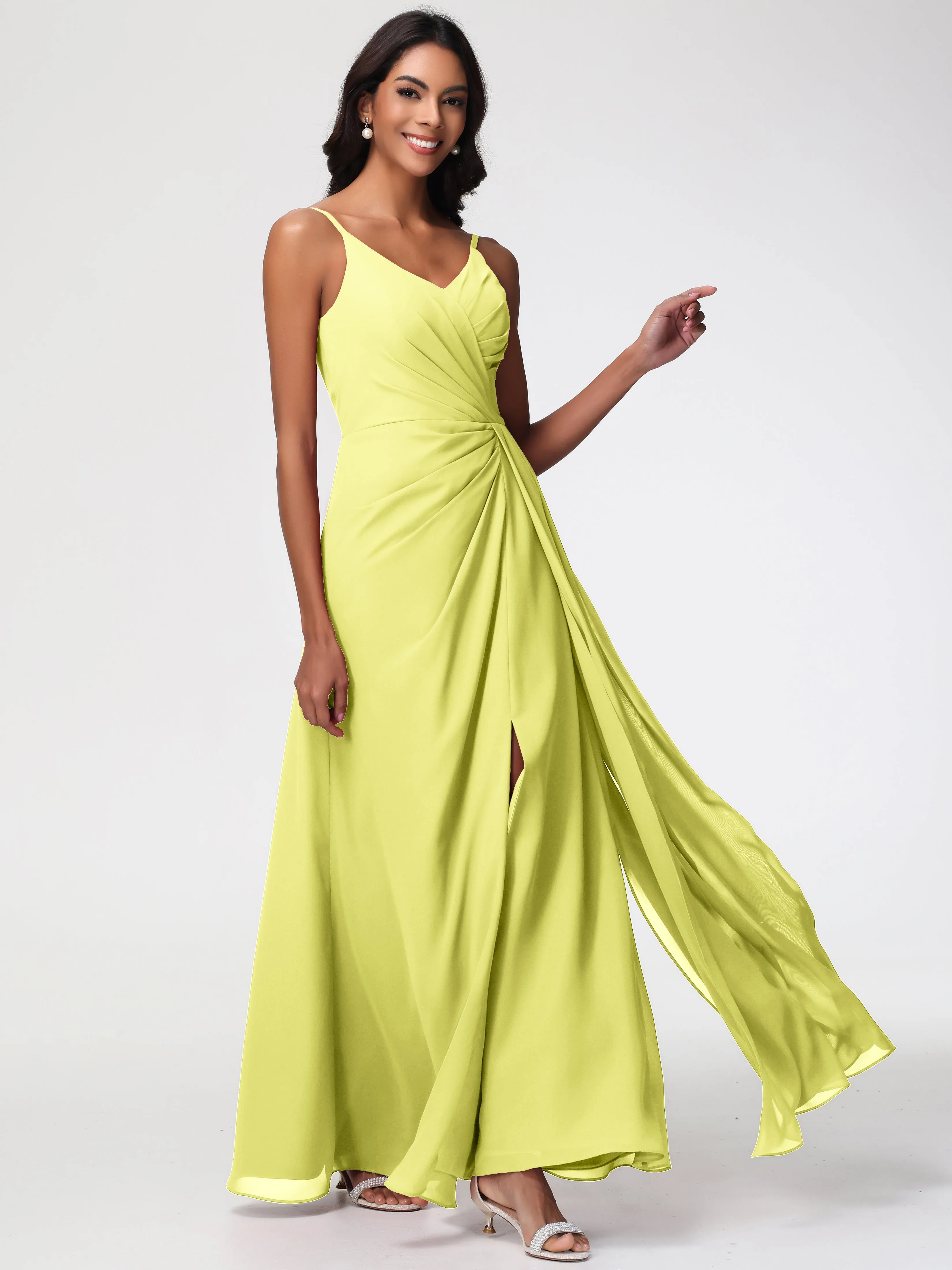 Daffodil Yellow Bridesmaid Dresses A-Line V-Neck Spaghetti Straps Ruched Chiffon Bridesmaid Dresses With Slit