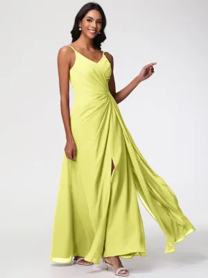 Daffodil Yellow Bridesmaid Dresses A-Line V-Neck Spaghetti Straps Ruched Chiffon Bridesmaid Dresses With Slit