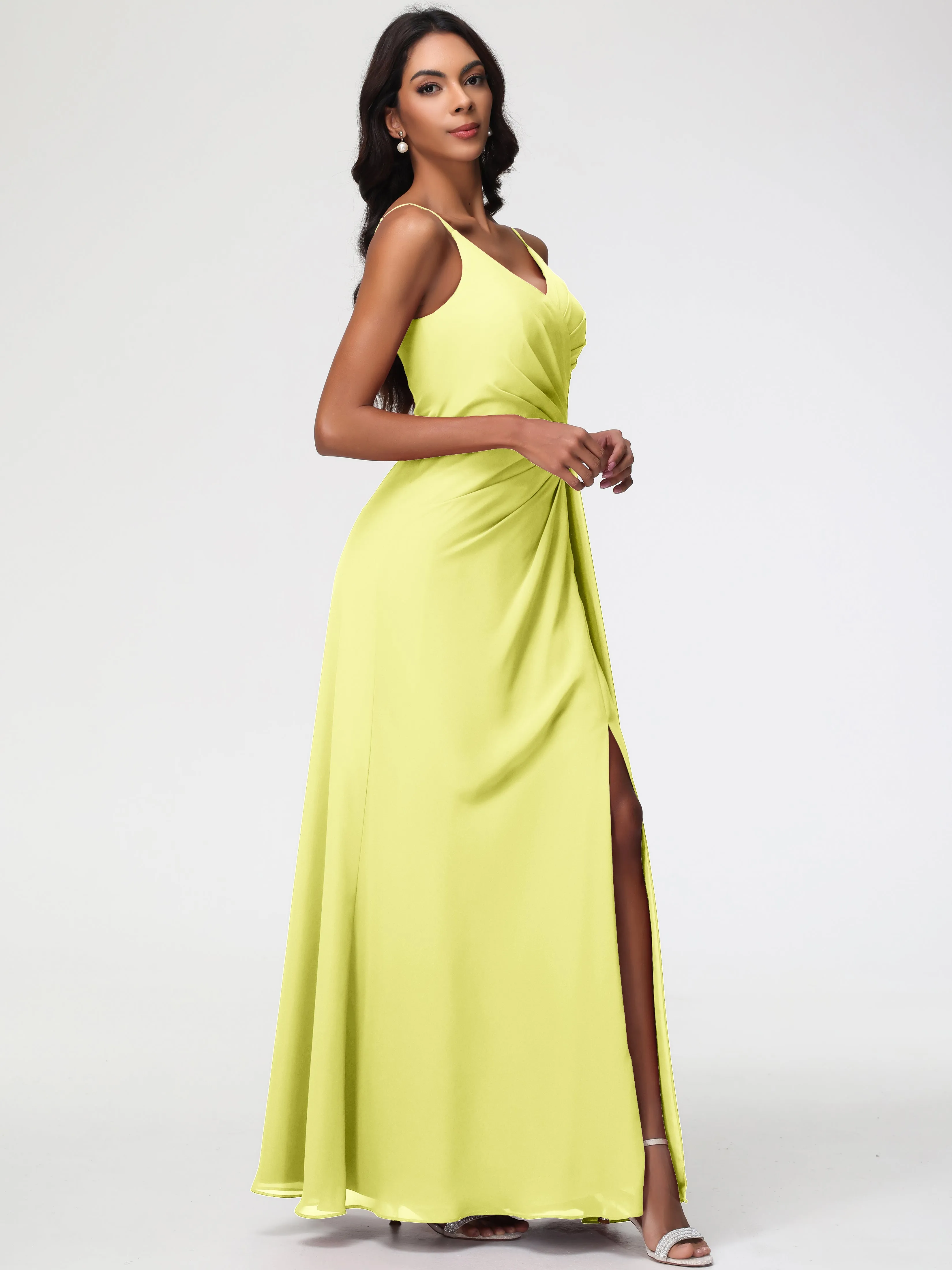 Daffodil Yellow Bridesmaid Dresses A-Line V-Neck Spaghetti Straps Ruched Chiffon Bridesmaid Dresses With Slit