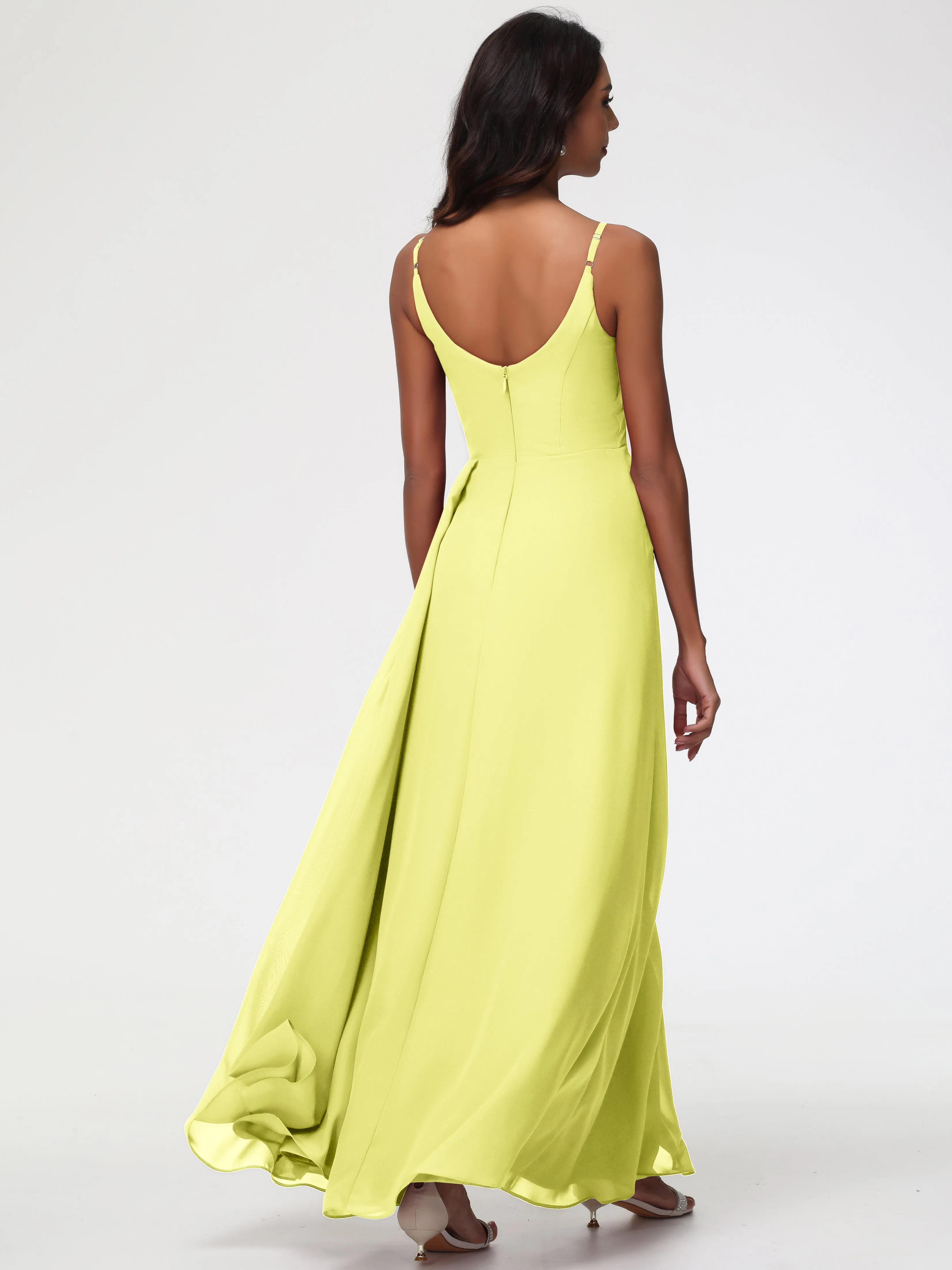 Daffodil Yellow Bridesmaid Dresses A-Line V-Neck Spaghetti Straps Ruched Chiffon Bridesmaid Dresses With Slit