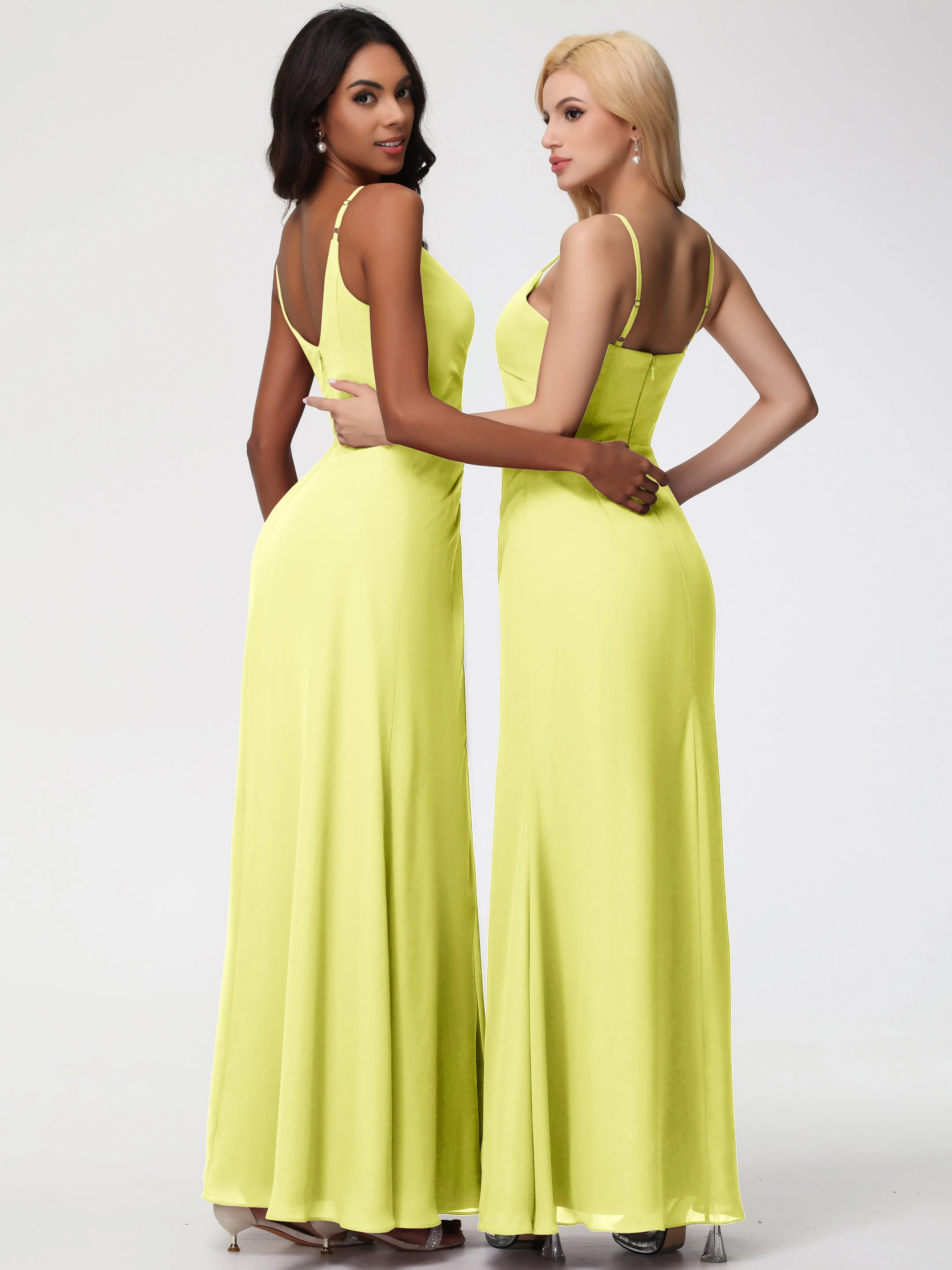 Daffodil Yellow Bridesmaid Dresses A-Line V-Neck Spaghetti Straps Ruched Chiffon Bridesmaid Dresses With Slit