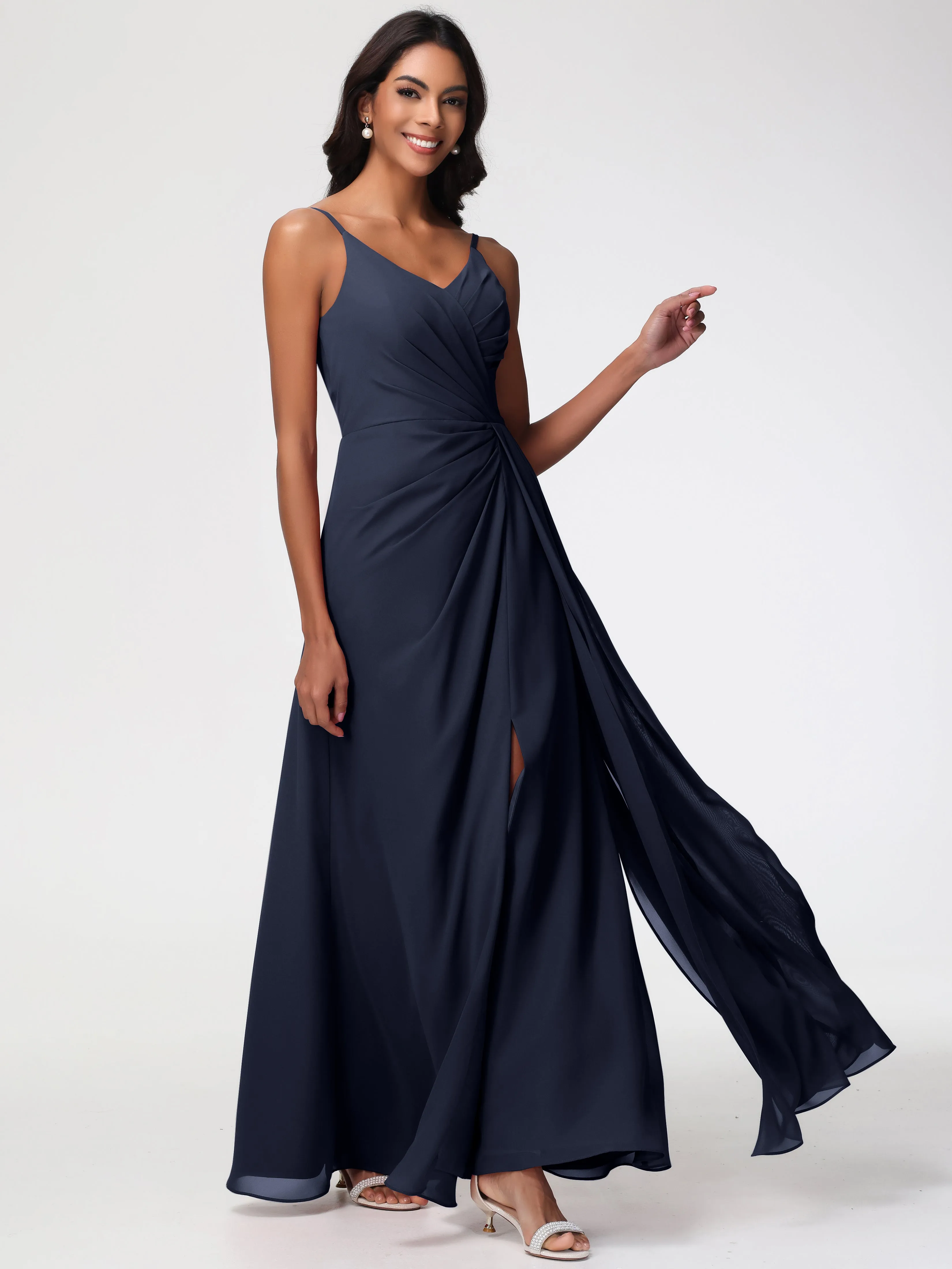Dark Navy Bridesmaid Dress A-Line V-Neck Spaghetti Straps Ruched Chiffon Bridesmaid Dresses With Slit