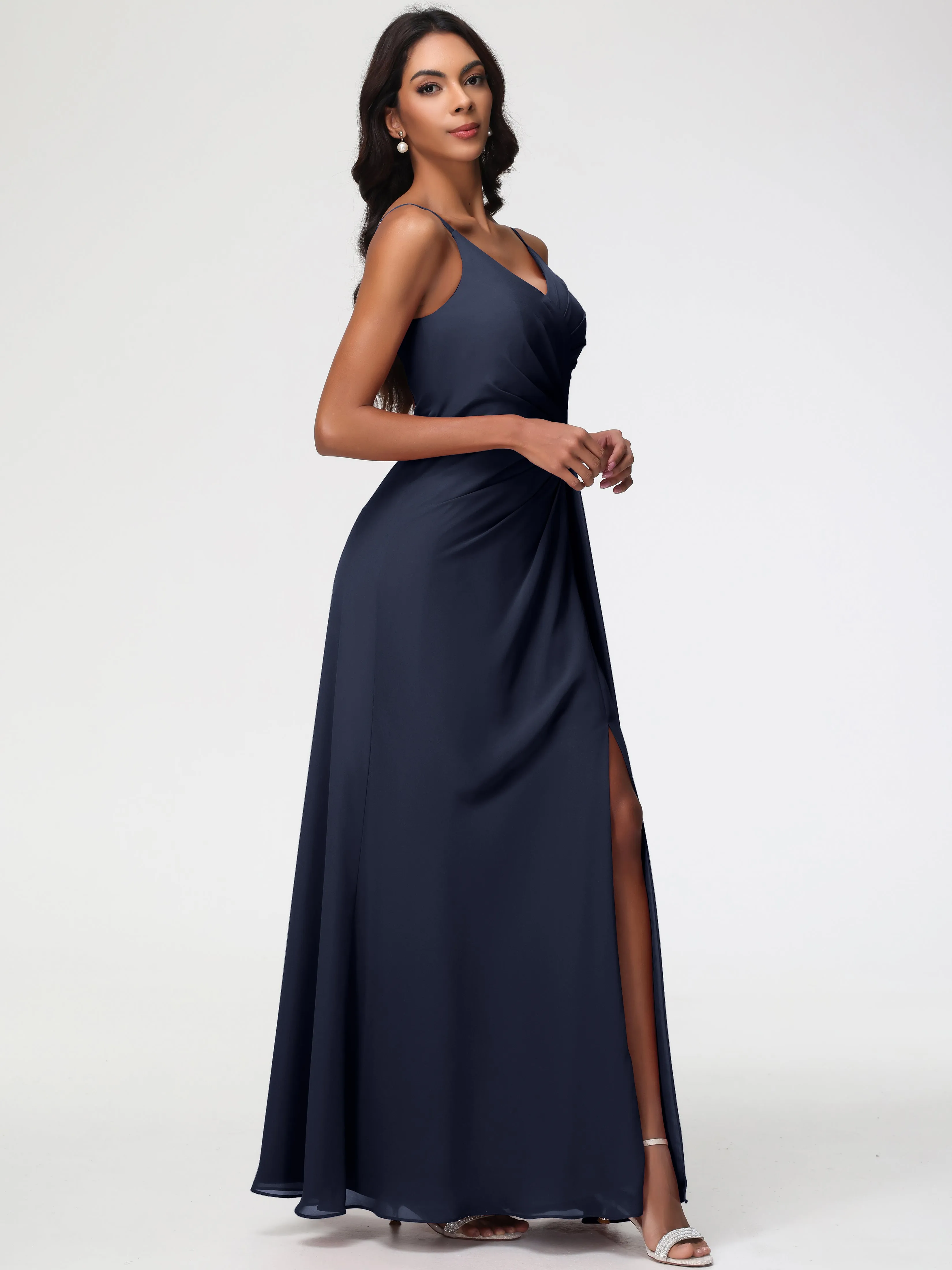 Dark Navy Bridesmaid Dress A-Line V-Neck Spaghetti Straps Ruched Chiffon Bridesmaid Dresses With Slit