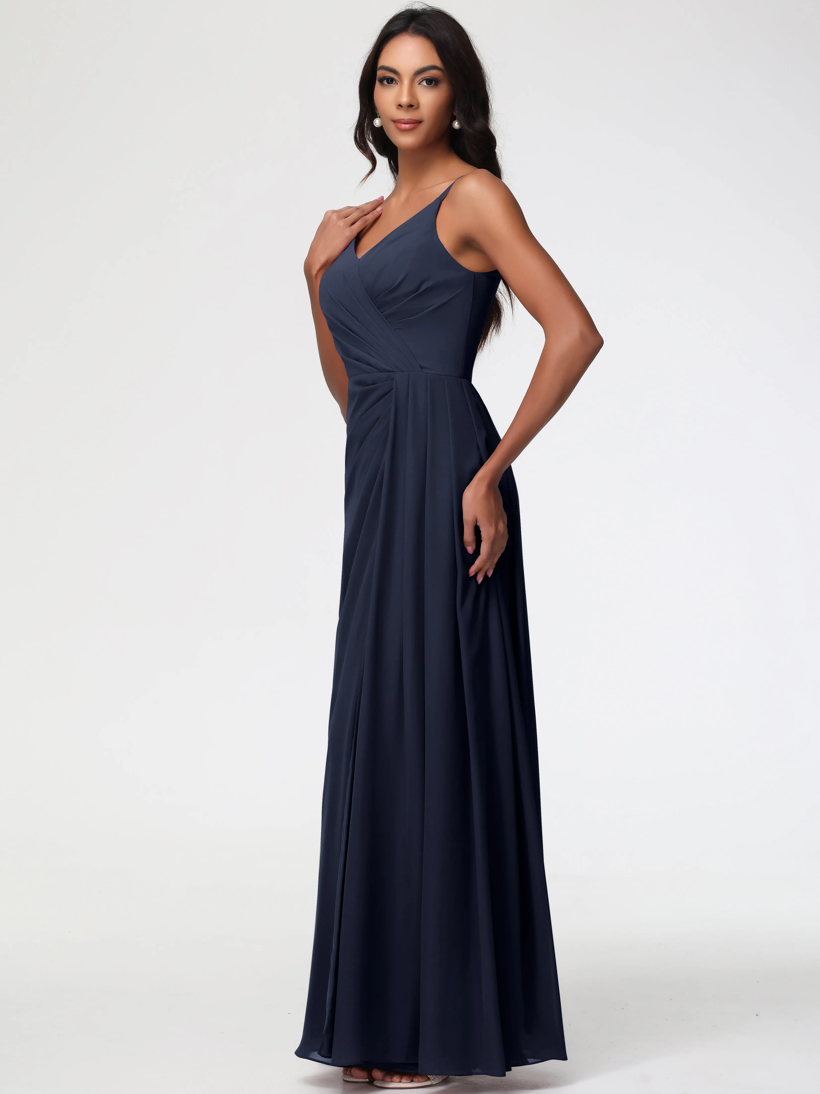 Dark Navy Bridesmaid Dress A-Line V-Neck Spaghetti Straps Ruched Chiffon Bridesmaid Dresses With Slit