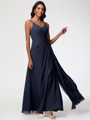 Dark Navy Bridesmaid Dress A-Line V-Neck Spaghetti Straps Ruched Chiffon Bridesmaid Dresses With Slit