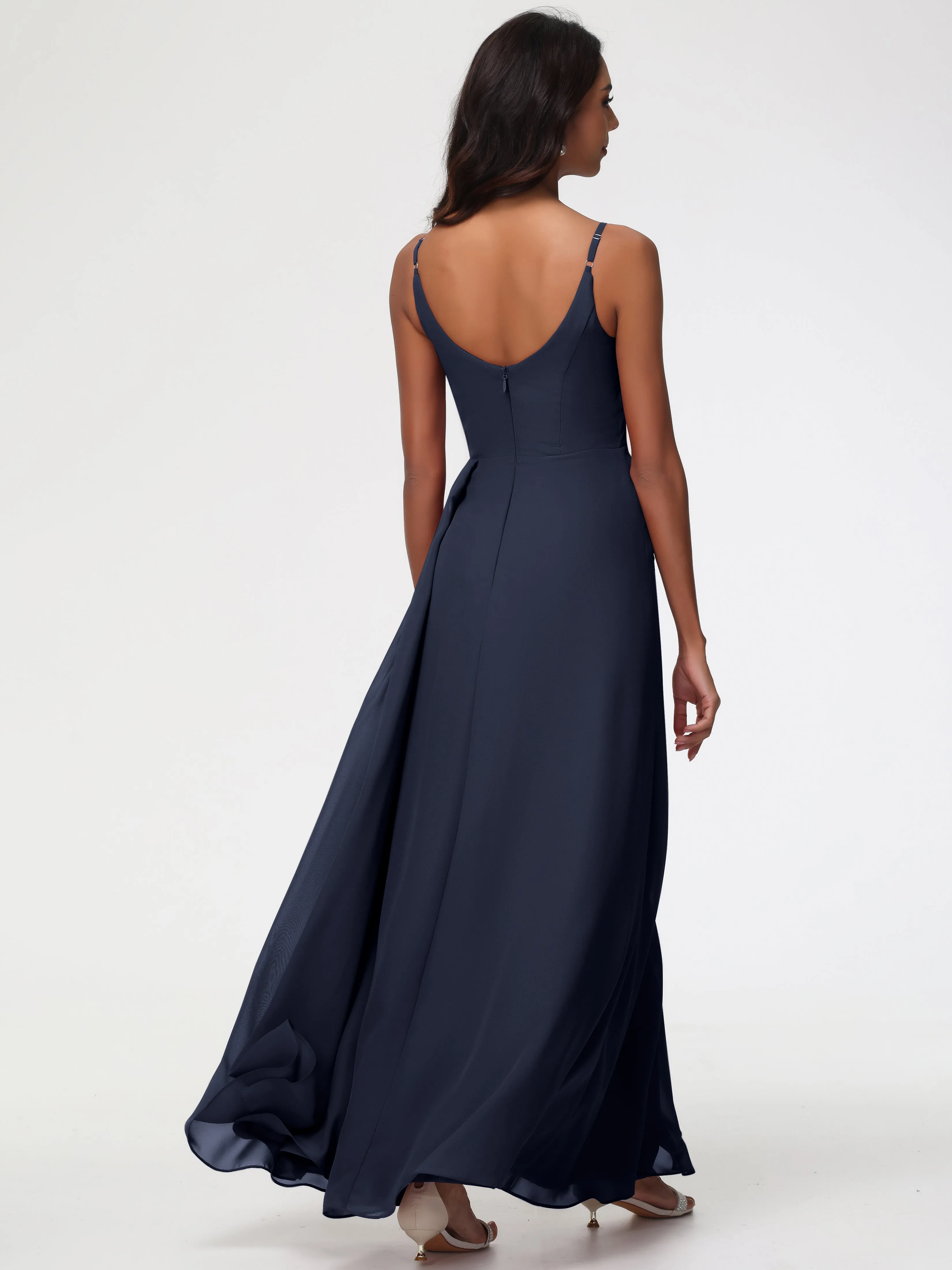 Dark Navy Bridesmaid Dress A-Line V-Neck Spaghetti Straps Ruched Chiffon Bridesmaid Dresses With Slit