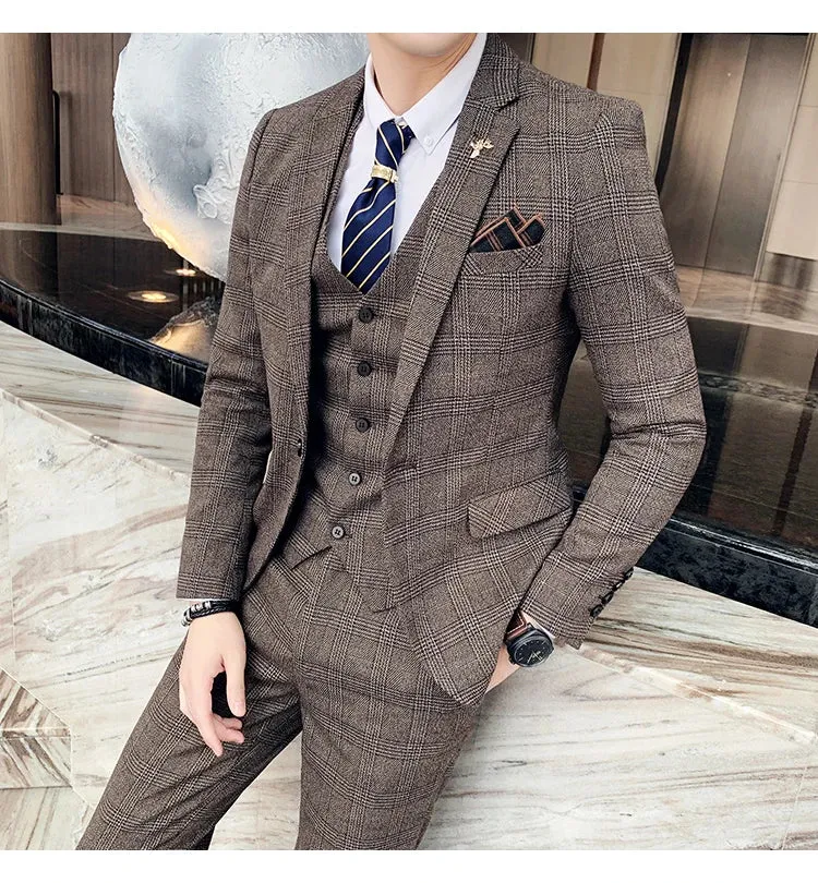 High Quality British Korean Modified Plaid Men (suit   Vest   Trousers) Stylish and Handsome Business Casual Three-piece Suit