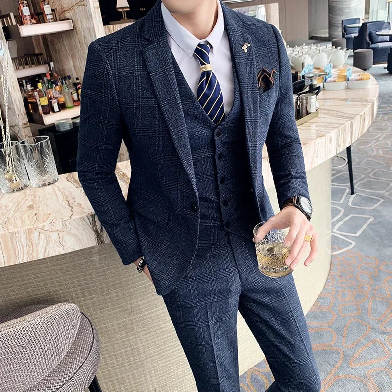 High Quality British Korean Modified Plaid Men (suit   Vest   Trousers) Stylish and Handsome Business Casual Three-piece Suit