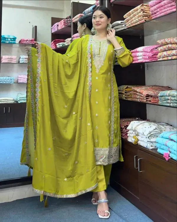Pretty Olive Green Color Pure Chinon Silk Embroidery Sequence Work Salwar Suits
