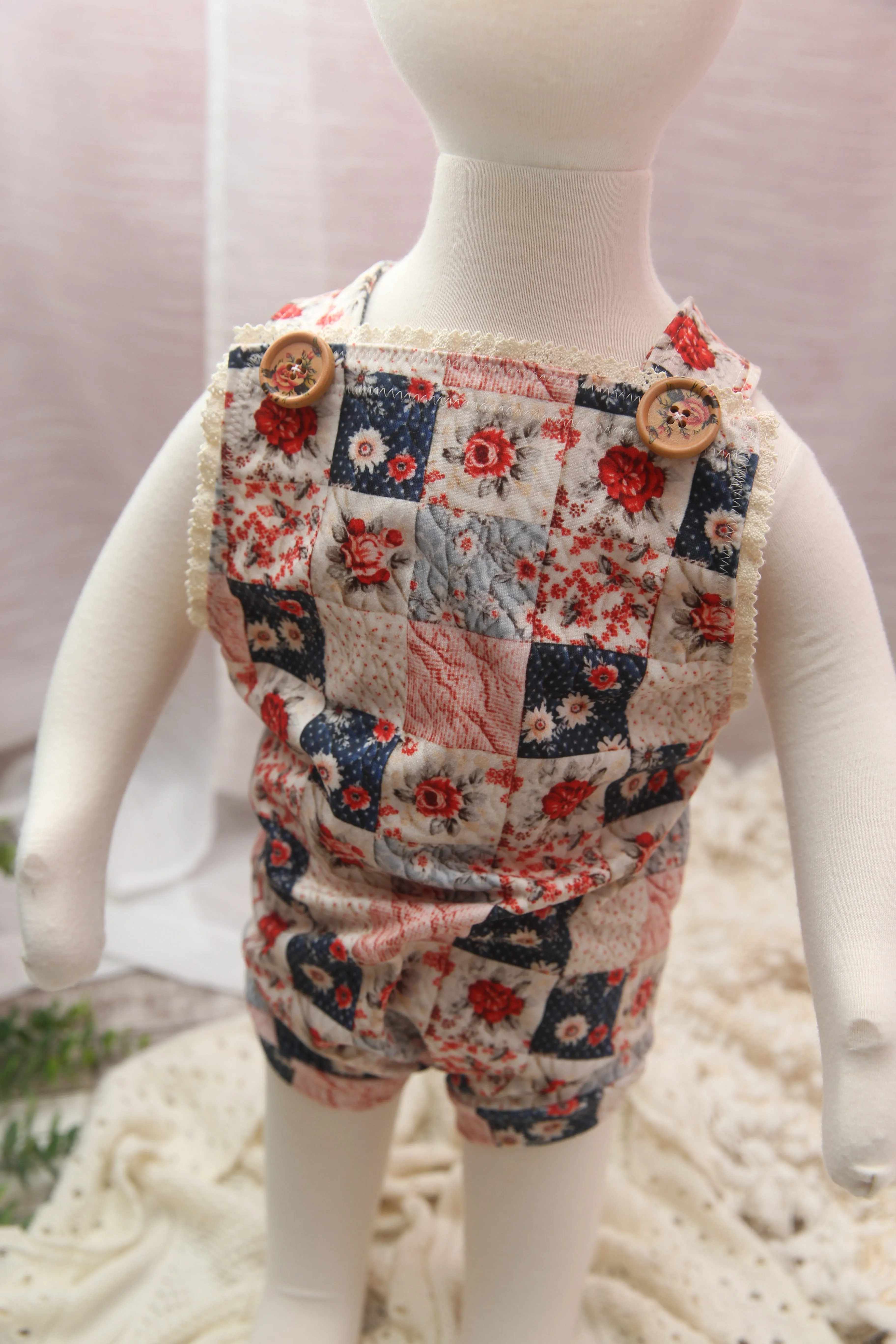 "Quilted" Graham Suspenders-Sitter Size- Polka Dot Rose- MADE TO ORDER