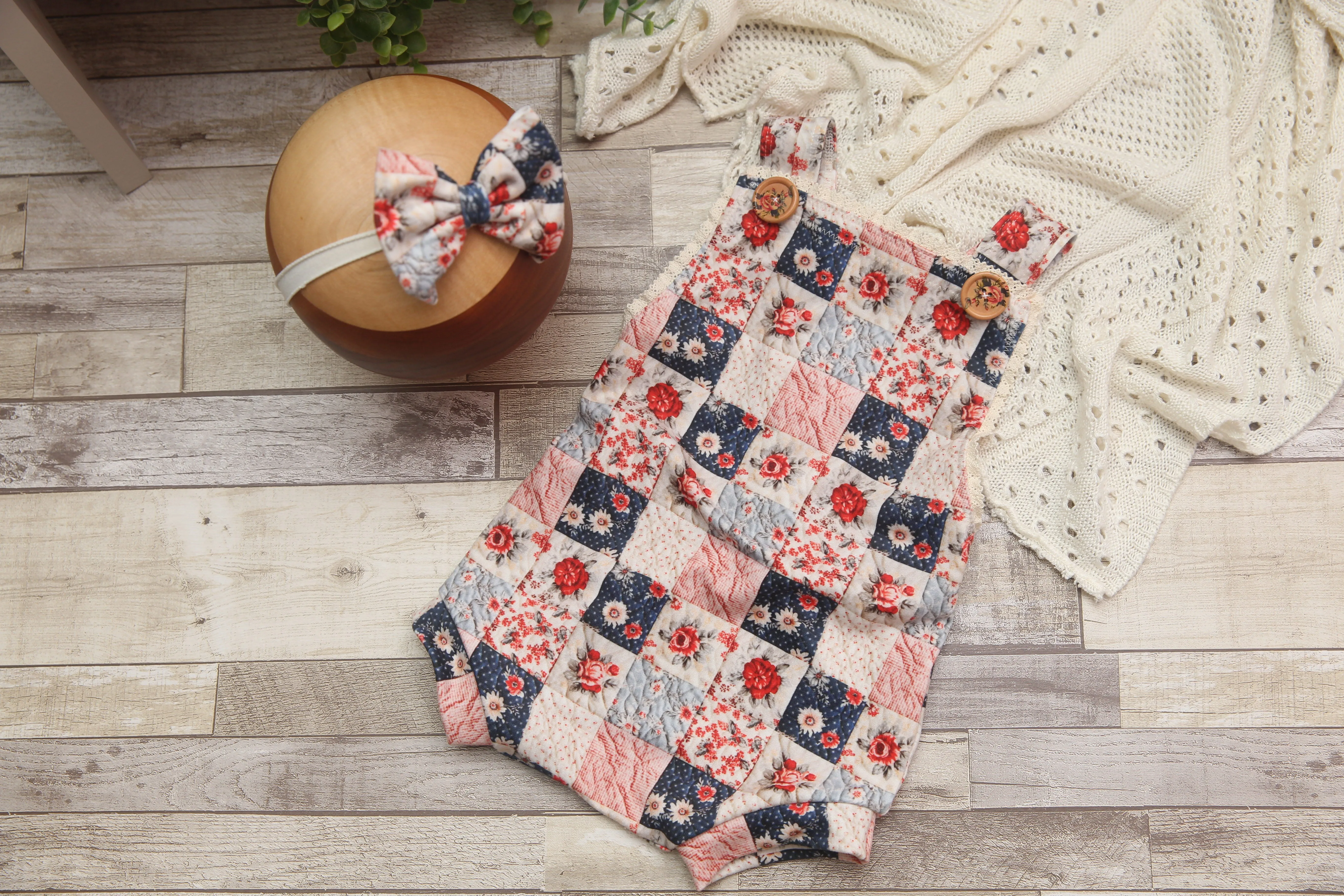 "Quilted" Graham Suspenders-Sitter Size- Polka Dot Rose- MADE TO ORDER