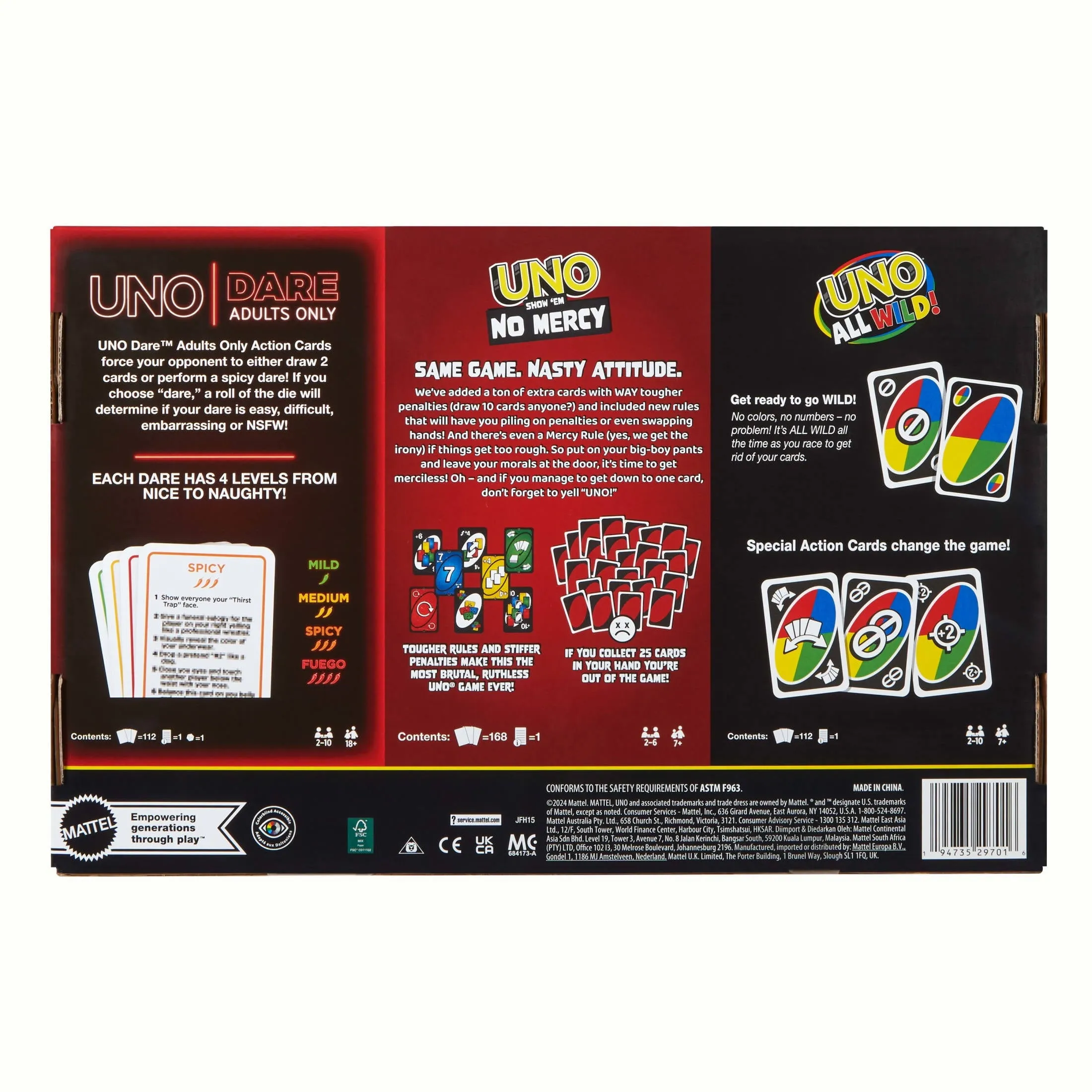 UNO All Wild, UNO Show em No Mercy, UNO Dare Adults Only 3 Card Game Bundle