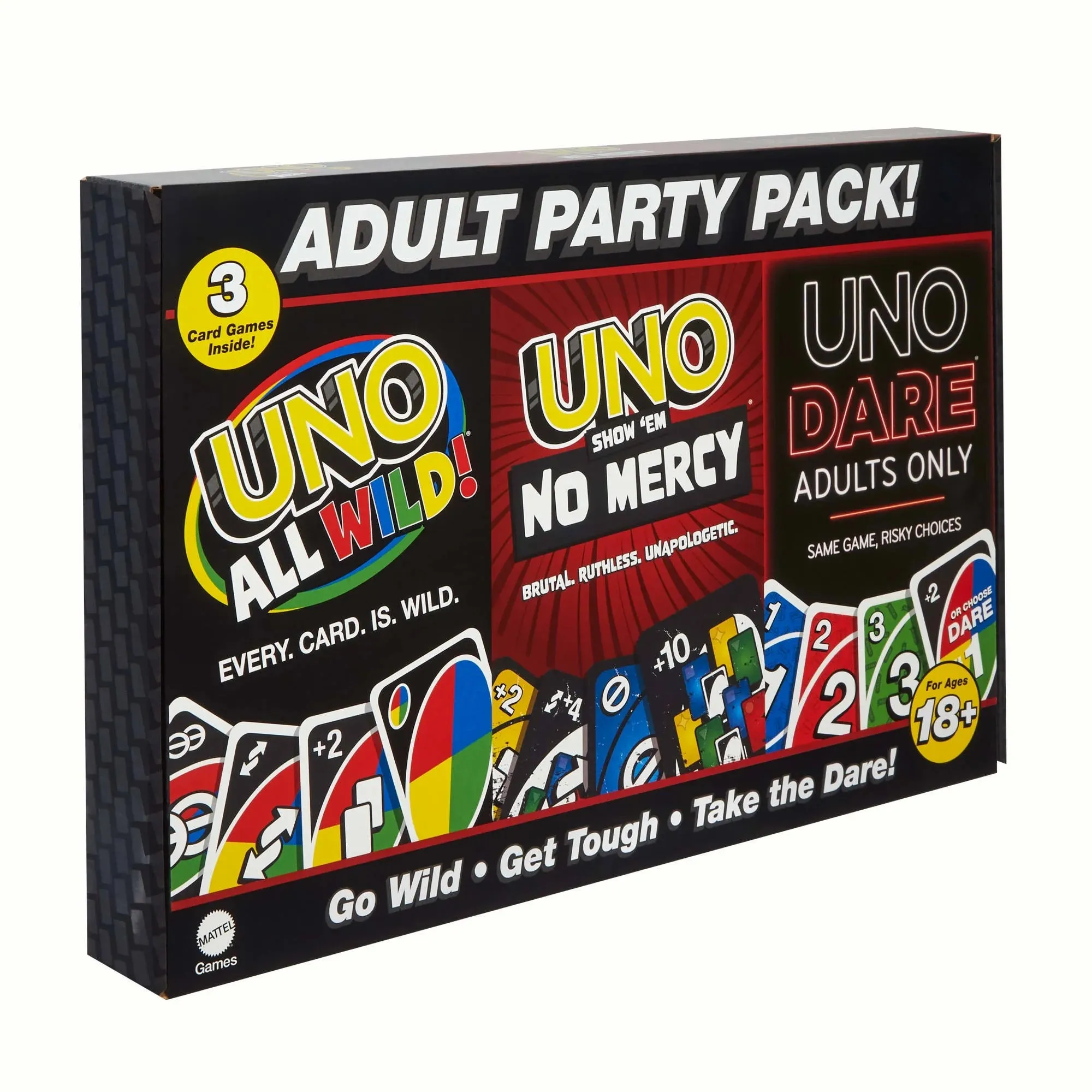 UNO All Wild, UNO Show em No Mercy, UNO Dare Adults Only 3 Card Game Bundle