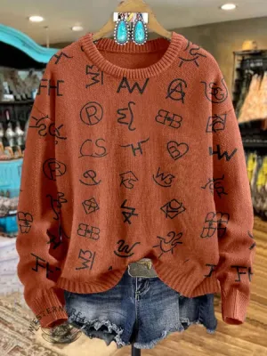 Western Cattle Brands Print Knit Pullover Sweater