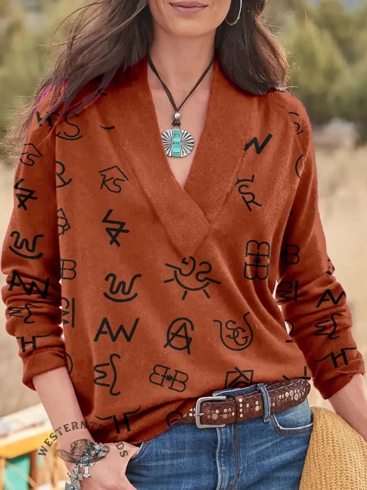 Western Cattle Brands Print Knit V-neck Pullover Sweater