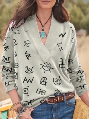 Western Cattle Brands Print Knit V-neck Pullover Sweater