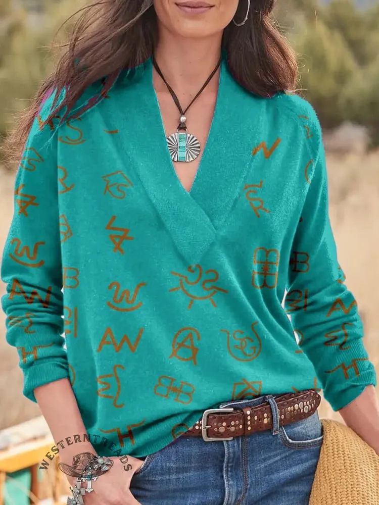 Western Cattle Brands Print Knit V-neck Pullover Sweater