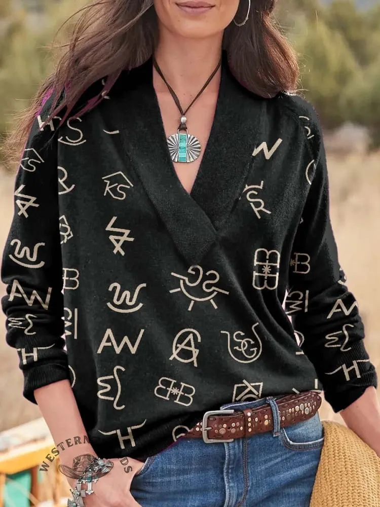 Western Cattle Brands Print Knit V-neck Pullover Sweater